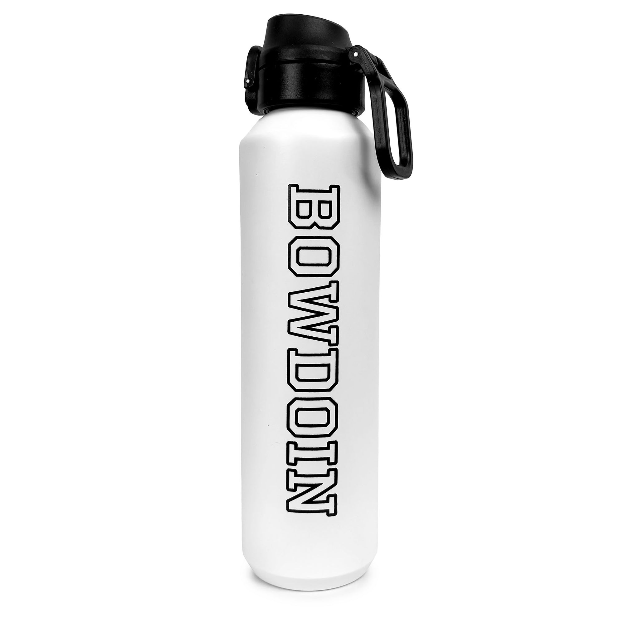 A white water bottle with a black lid and black carrying loop, featuring the word 'BOWDOIN' printed vertically in black outline text on the front, set against a plain white background.