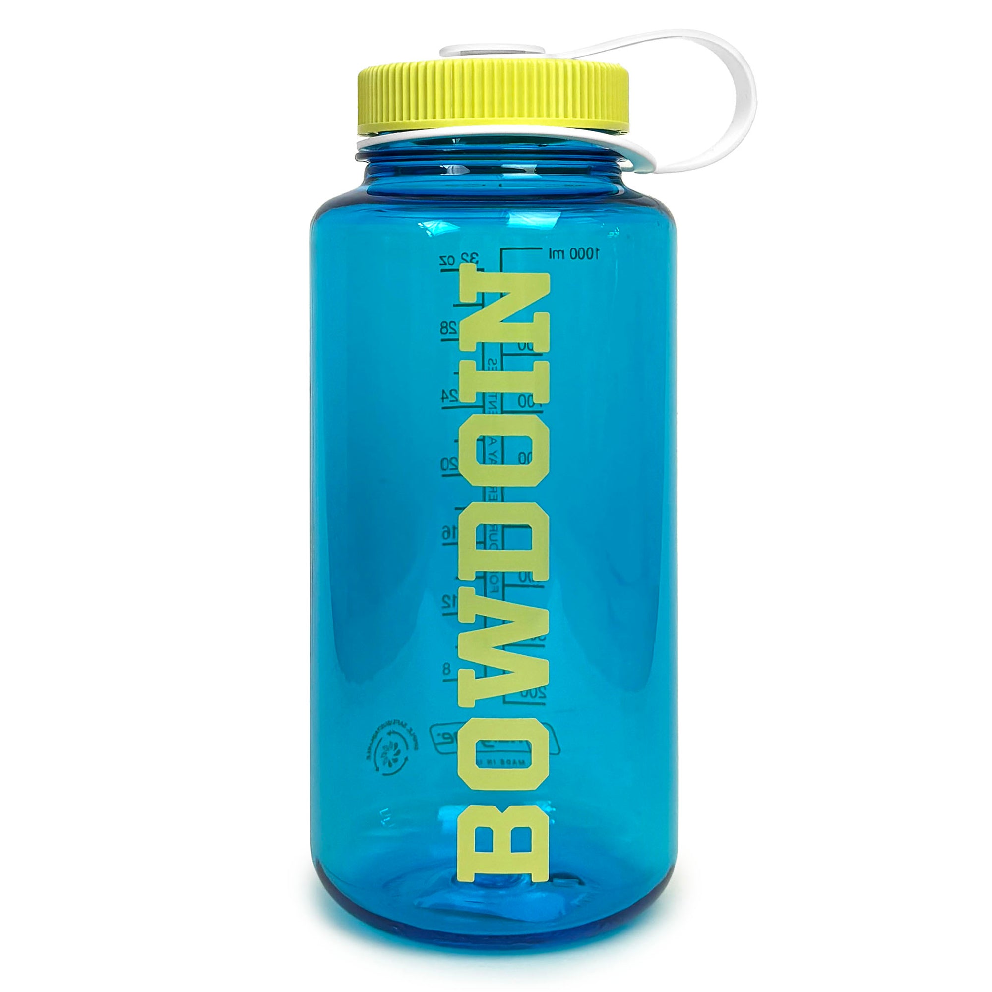 A translucent blue Nalgene Bowdoin water bottle with a yellow cap and a white carrying loop, shown on a white background.