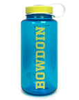 A translucent blue Nalgene Bowdoin water bottle with a yellow cap and a white carrying loop, shown on a white background.