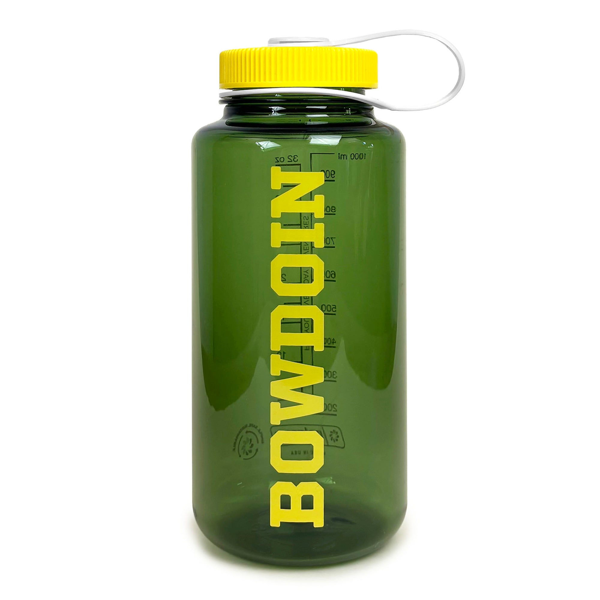 An olive green Nalgene water bottle with a bright yellow screw cap and a white carrying loop, featuring the brand name 'BOWDOIN' printed vertically in yellow on the front.