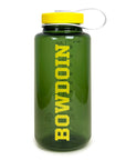 An olive green Nalgene water bottle with a bright yellow screw cap and a white carrying loop, featuring the brand name 'BOWDOIN' printed vertically in yellow on the front.