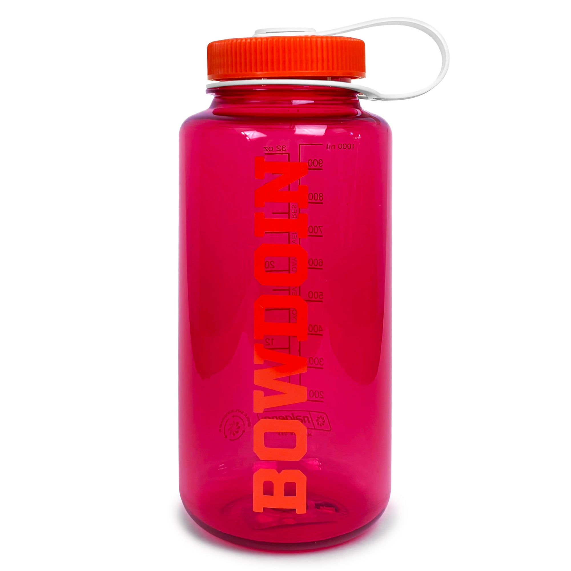 A translucent pink Nalgene water bottle with an orange cap and a white carrying loop, featuring the brand name 'BOWDOIN' printed vertically in orange on the front.