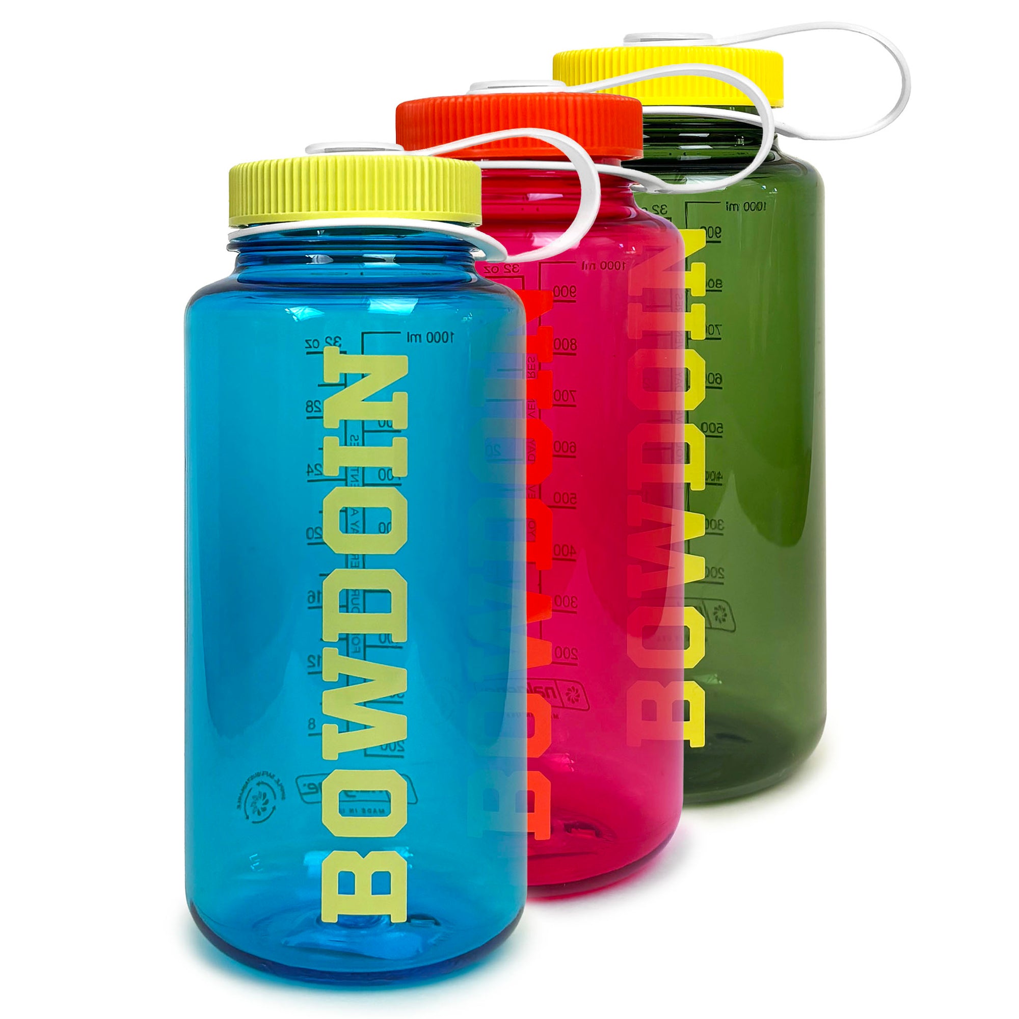 Three translucent Nalgene Bowdoin water bottles in blue, pink, and green, arranged in a row on a white background.