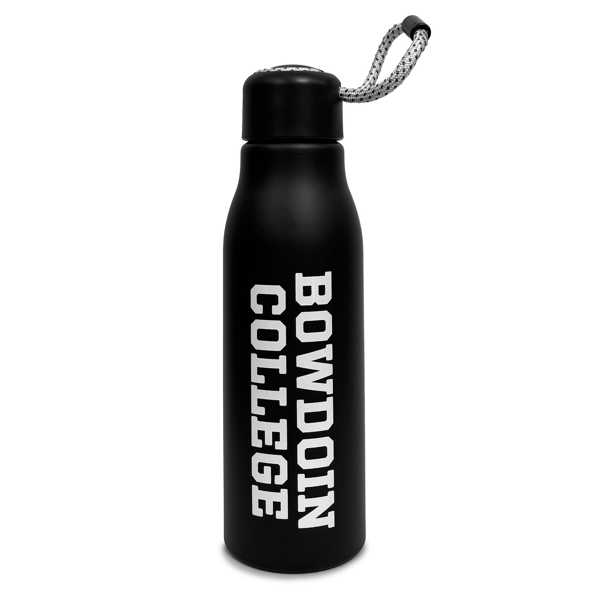 A matte black insulated water bottle with a matching black screw cap and a gray braided carrying loop. The bottle features the text 'BOWDOIN COLLEGE' printed vertically in bold white capital letters on the front.