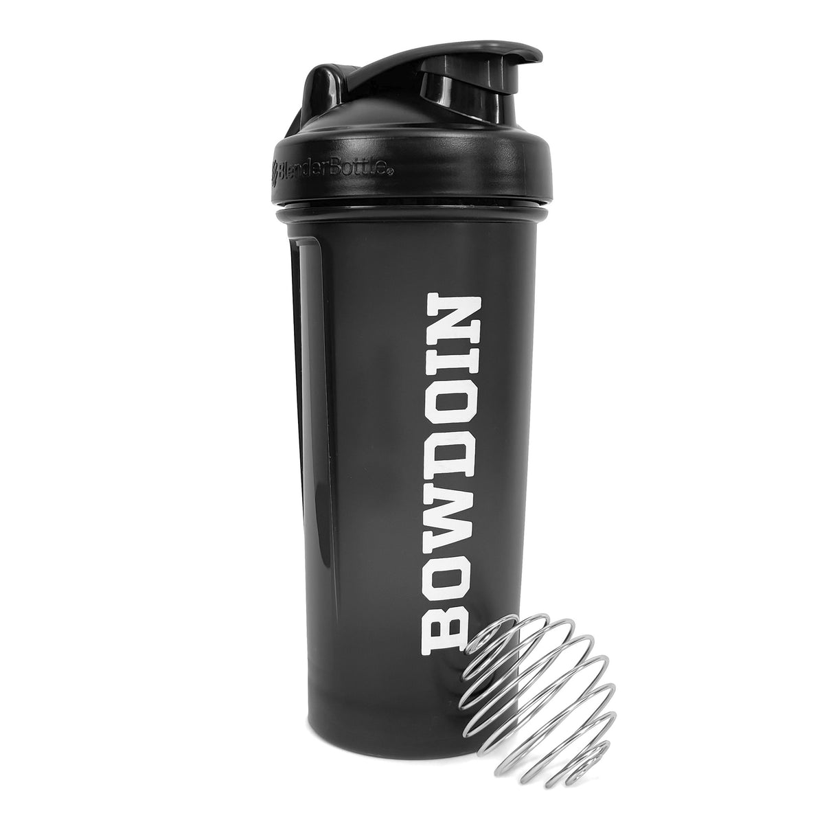 Black blender bottle with BOWDOIN imprint in white on the side, shown with a spiral stainless steel blender ball on a white background.