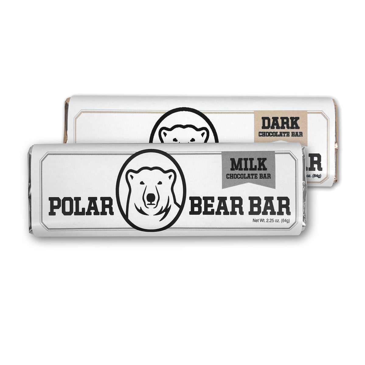 Two Polar Bear Bar chocolate bars, one labeled Milk Chocolate Bar and the other Dark Chocolate Bar, shown on a white background.