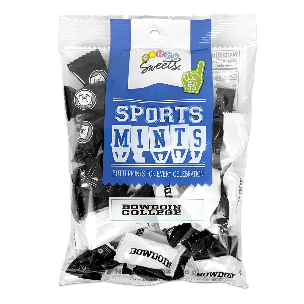 Bag of party mints with a mixture of black or white wrappers. Black wrapped candies have a Bowdoin medallion imprint. White wrapped candies have a black arched BOWDOIN imprint.