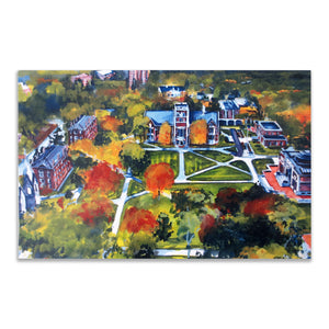 Watercolor post card of aerial view of Bowdoin quad with Hubbard hall at the top of view.