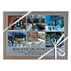 Box of winter in Portland block print cards.