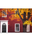 Postcard of the door of Massachusetts Hall with fall foliage in front.
