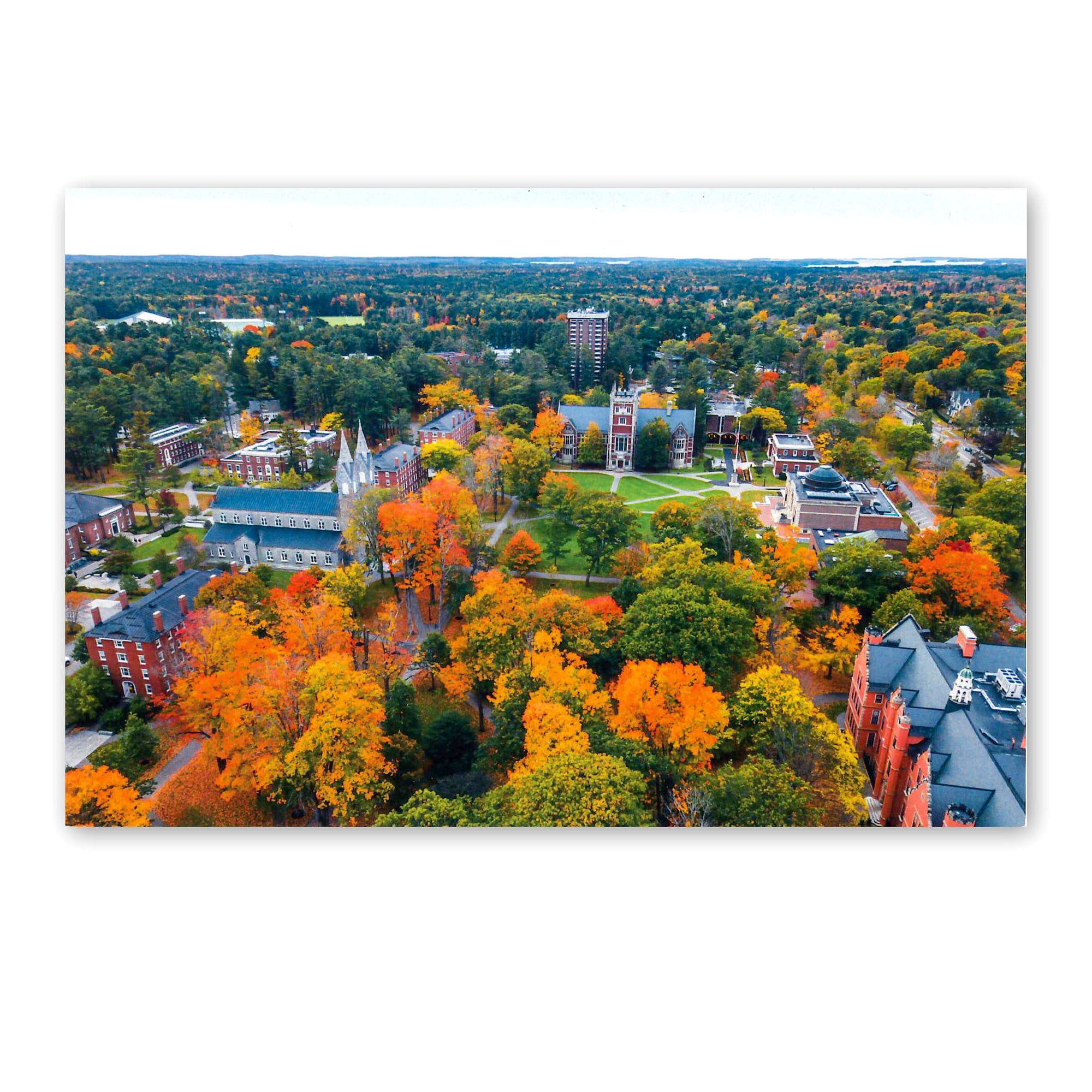 Postcard of an arial view of the Main Quad at Bowdoin College in the fall.