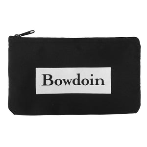 Black zippered fabric pencil case with white rectangle imprint with black BOWDOIN wordmark inside.