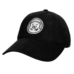 Youth black hat with embroidered Bowdoin mascot medallion on front.