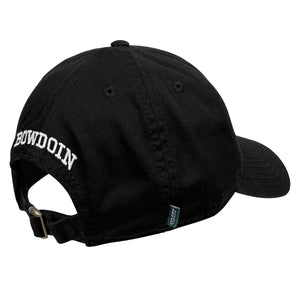 Back of black hat showing embroidered arched BOWDOIN in white over back closure.