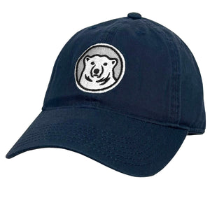 Youth navy blue hat with embroidered Bowdoin mascot medallion on front.