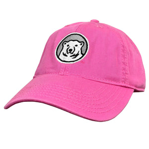 Youth hot pink hat with embroidered Bowdoin mascot medallion on front.