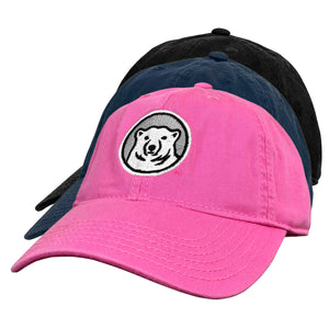 Three colors of children's medallion hats--pink, navy, and black