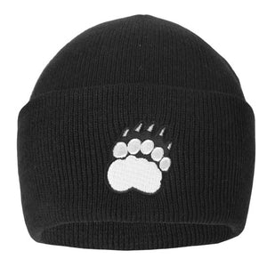 Black knit hat with embroidered paw print patch on cuff.