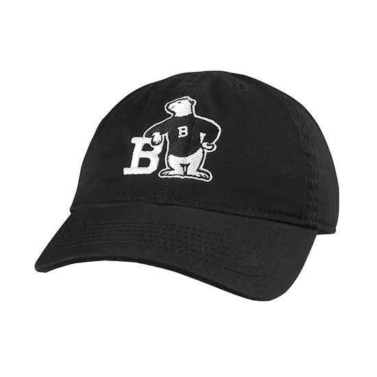 Black toddler's ball cap with cartoon bear embroidery.