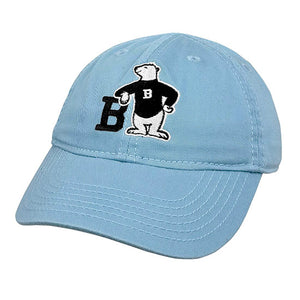 Light blue toddler's ball cap with cartoon bear embroidery.