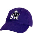 Purple baseball cap with a cartoon polar bear a white background