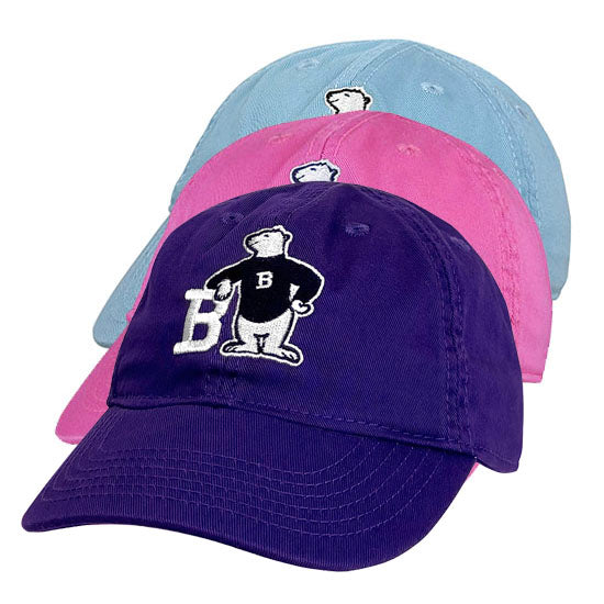 Three baseball caps in purple, pink, and blue with a cartoon bear logo on a white background