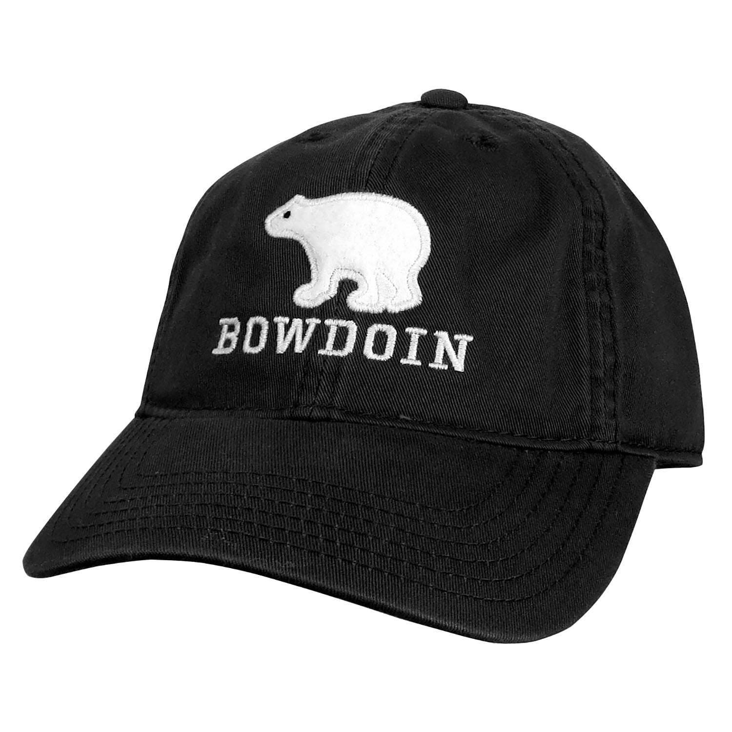 Black cap with white bear logo and 'Bowdoin' text on a white background