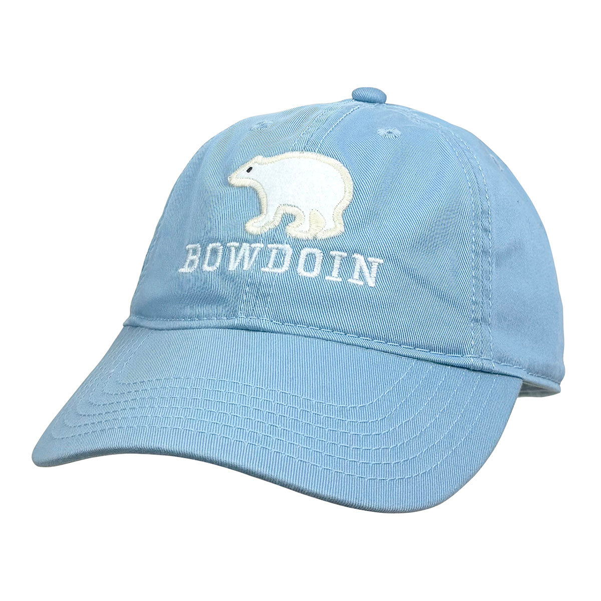 Light blue cap with white bear graphic and 'Bowdoin' text on a white background