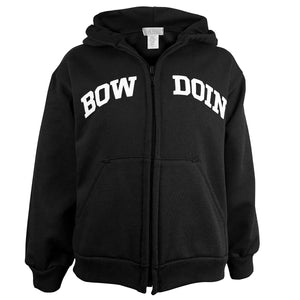 Front view of children's black full-zip hood with white arched BOWDOIN imprint across chest. BOW is on one side of the zipper, and DOIN is on the other.