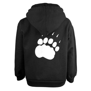 Back view of children's black hood showing large white paw print on back.