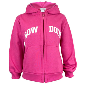 Front view of children's hot pink full-zip hood with white arched BOWDOIN imprint across chest. BOW is on one side of the zipper, and DOIN is on the other.