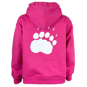 Back view of children's hot pink hood showing large white paw print on back.