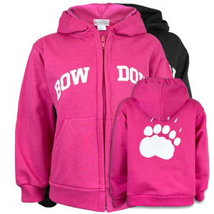 Montage of black and pink children's Bowdoin hoodies with smaller overlay of back of pink hoodie.