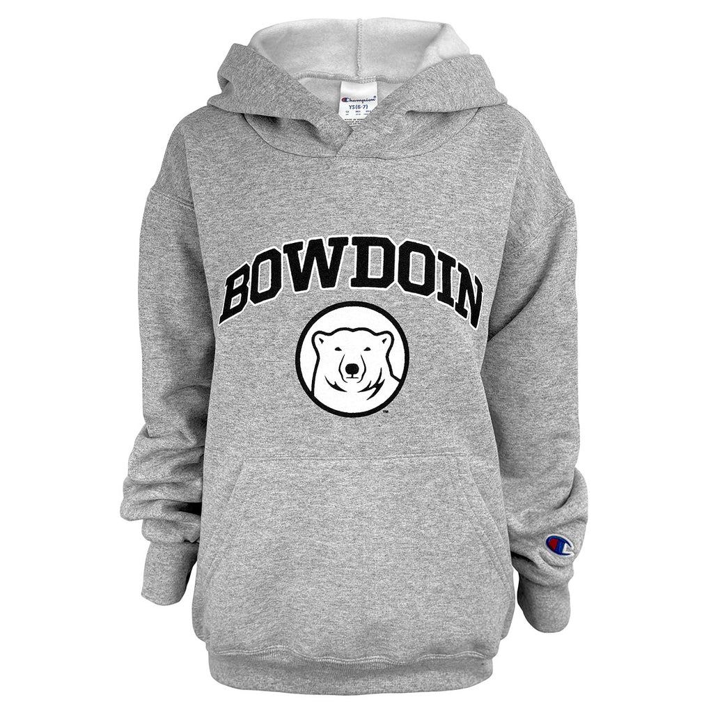 Children's heather grey pullover hood with black arched BOWDOIN over mascot medallion.