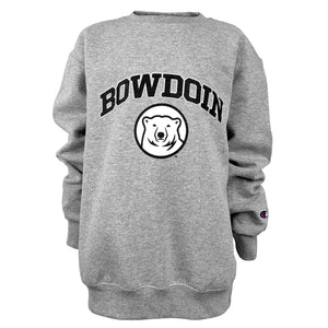 Children's heather grey pullover crew with black arched BOWDOIN with white stroke outline over mascot medallion.