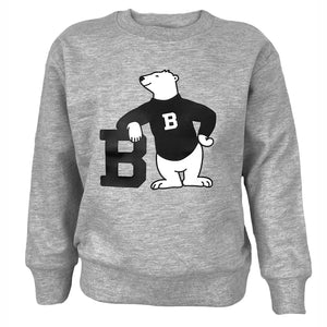 Toddler's grey crewneck sweatshirt with chest imprint of a cartoon polar bear in a black B sweater leaning on a large letter B.