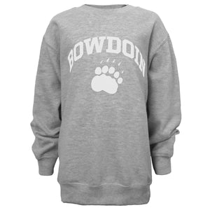 Heather grey children's crew with white chest imprint of BOWDOIN arched over paw print.