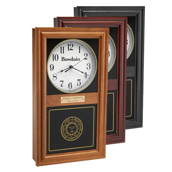 Personalized Lincoln wall clock in light brown wood, dark brown wood, and black wood.