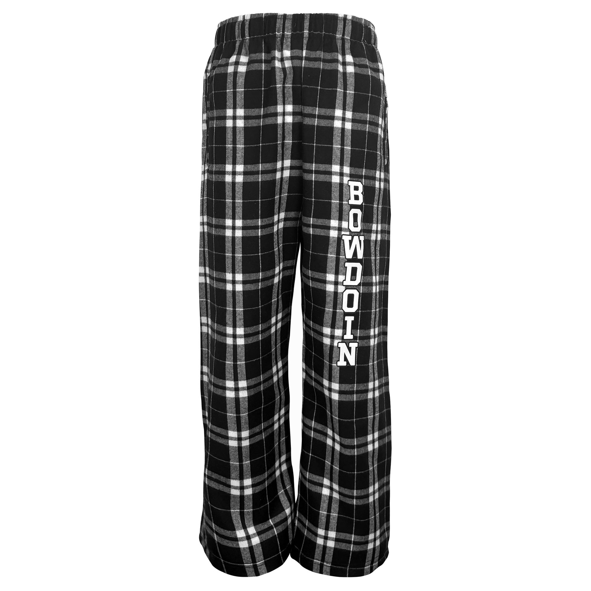 Black and white plaid lounge pants with the word 'BOWDOIN' printed vertically in white on the left leg, shown against a plain white background.