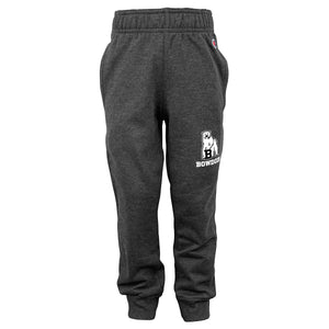 Charcoal heather fleece sweatpants with white imprint of polar bear mascot over BOWDOIN on left leg. Closed cuffs.