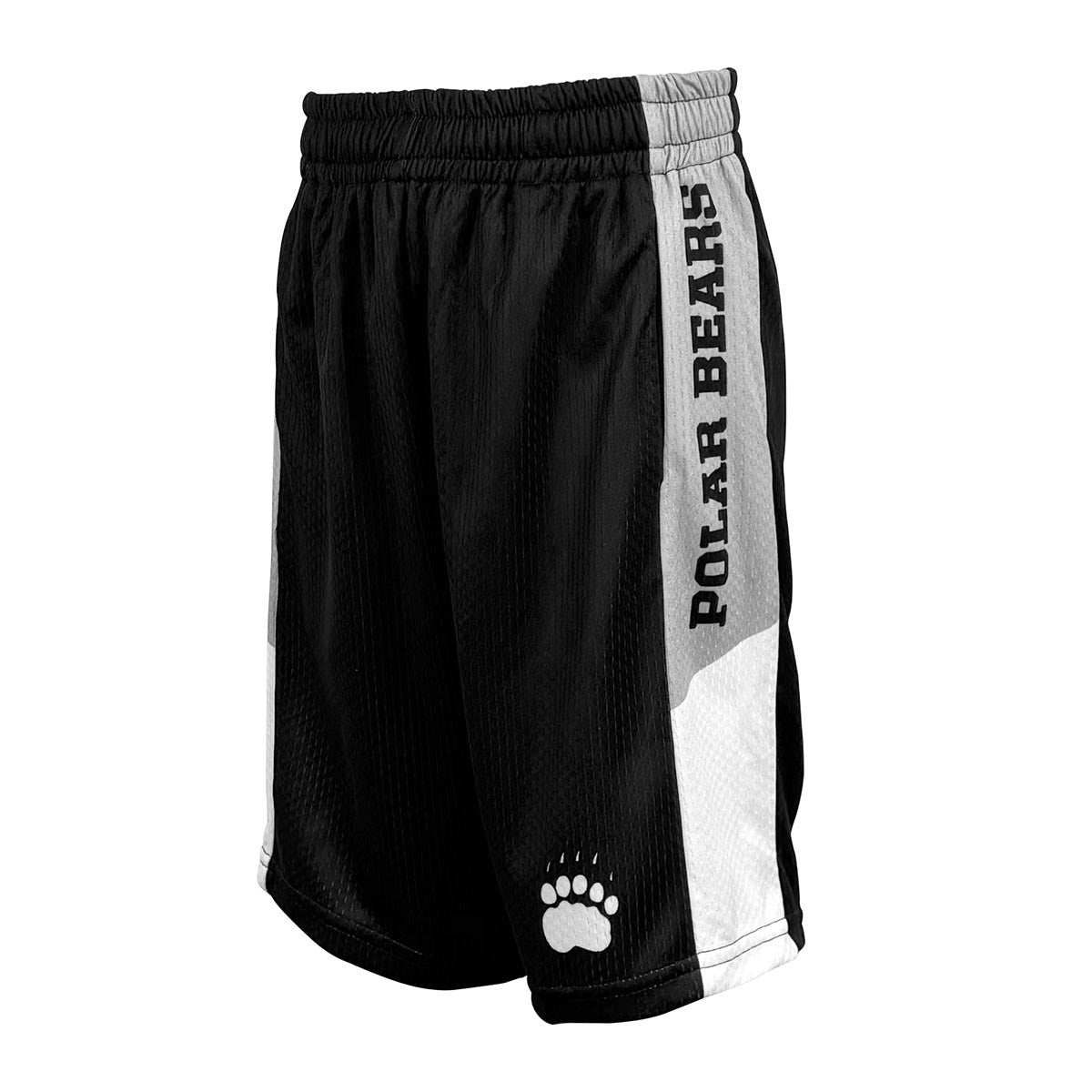 Children's black mesh shorts with white paw print above hem of left leg, and grey and white side stripe with POLAR BEARS in vertical print.