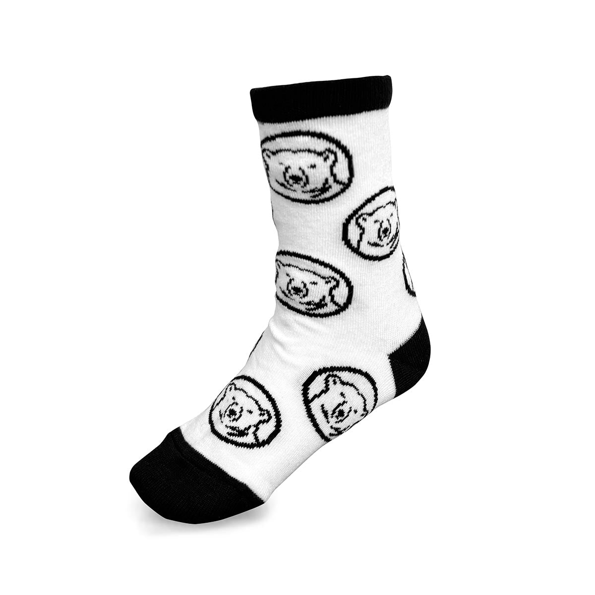 White sock with bear faces pattern on a white background