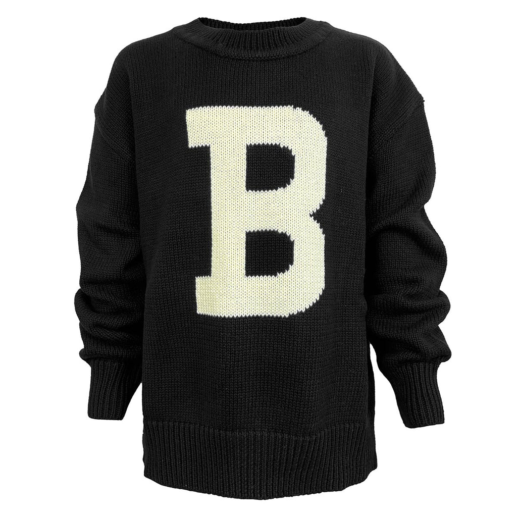 Children's black sweater with large knit-in ivory B on chest.