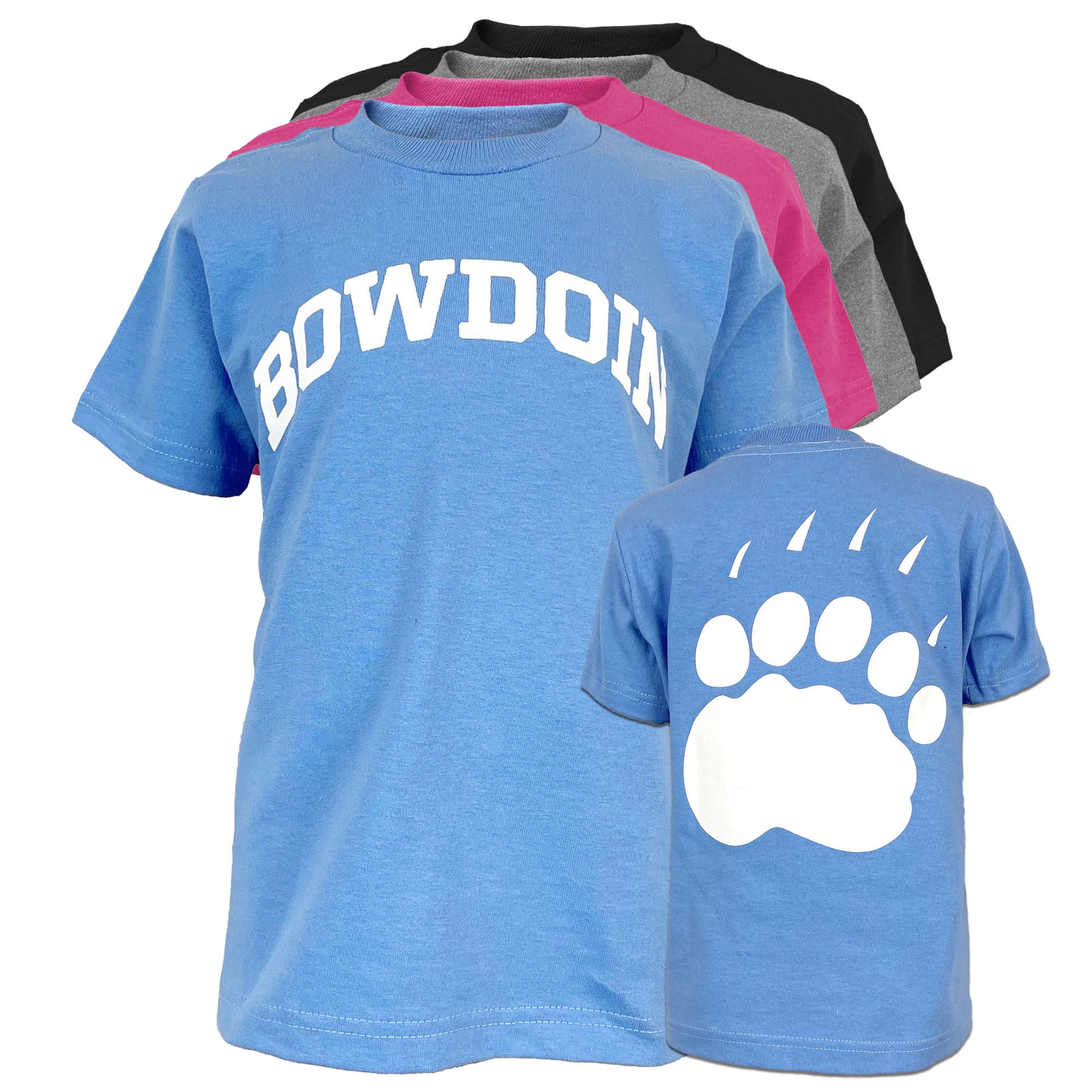 4 colors of children&#39;s Bowdoin tees, with an image of the back of the blue tee superimposed, showing the large paw print on the back of the shirt.