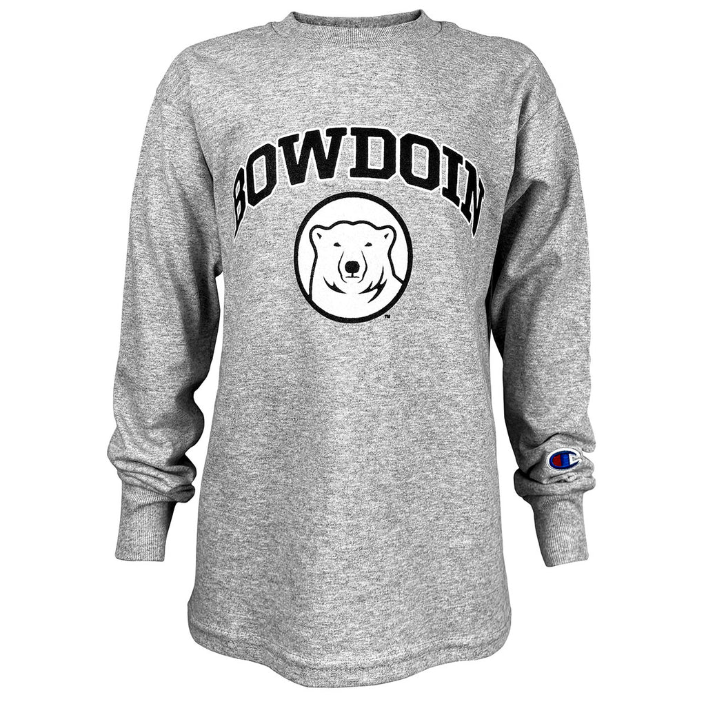 Children's heather gray long-sleeved tee with arched BOWDOIN imprint in black with white stroke over a black and white mascot medallion.