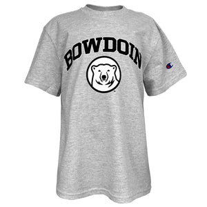 Heather grey children's short sleeved T-shirt with chest imprint of arched BOWDOIN in black with white stroke outline over black and white polar bear medallion.