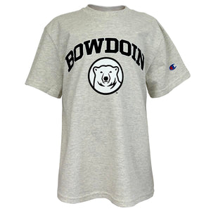 Oatmeal heather children's short sleeved T-shirt with chest imprint of arched BOWDOIN in black with white stroke outline over black and white polar bear medallion.