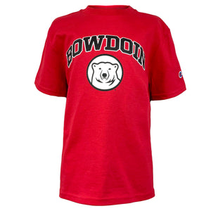  Red children's short sleeved T-shirt with chest imprint of arched BOWDOIN in black with white stroke outline over black and white polar bear medallion.