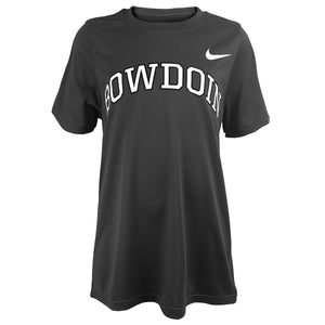 Carbon heather children's short sleeved tee with white Nike Swoosh on left shoulder and arched Bowdoin imprint on chest in white with black stroke outline.