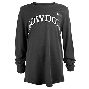 Long sleeved children's carbon heather T-shirt with white Nike Swoosh on left shoulder and arched BOWDOIN imprint on chest in white with black stroke outline.